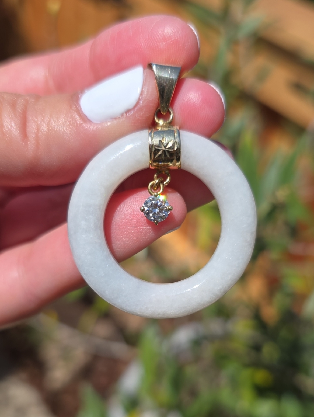 White Jadeite Circle Pendant with 10 Kt Gold Bale and Moissanite Diamond